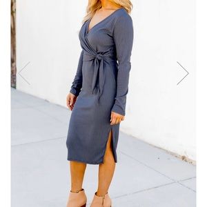 PINK LILY- Never WornDaring Heart Ribbed Grey MIDI Dress